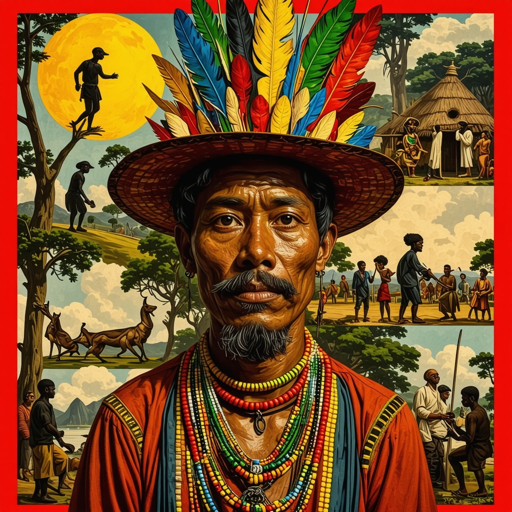 Illustration combining traditional Honduran legends with digital media platforms in an urban setting