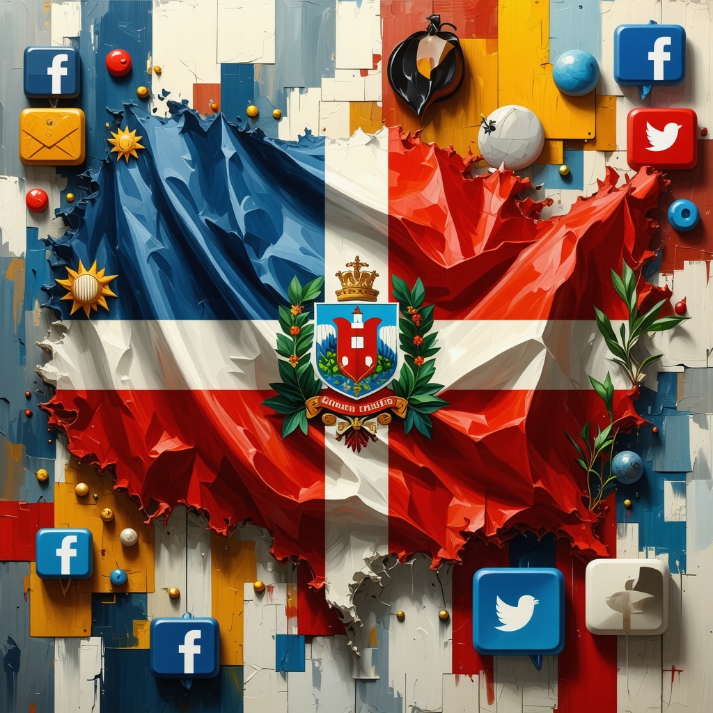 Collage showing Dominican flag and coat of arms integrated with digital and social media icons symbolizing cultural evolution