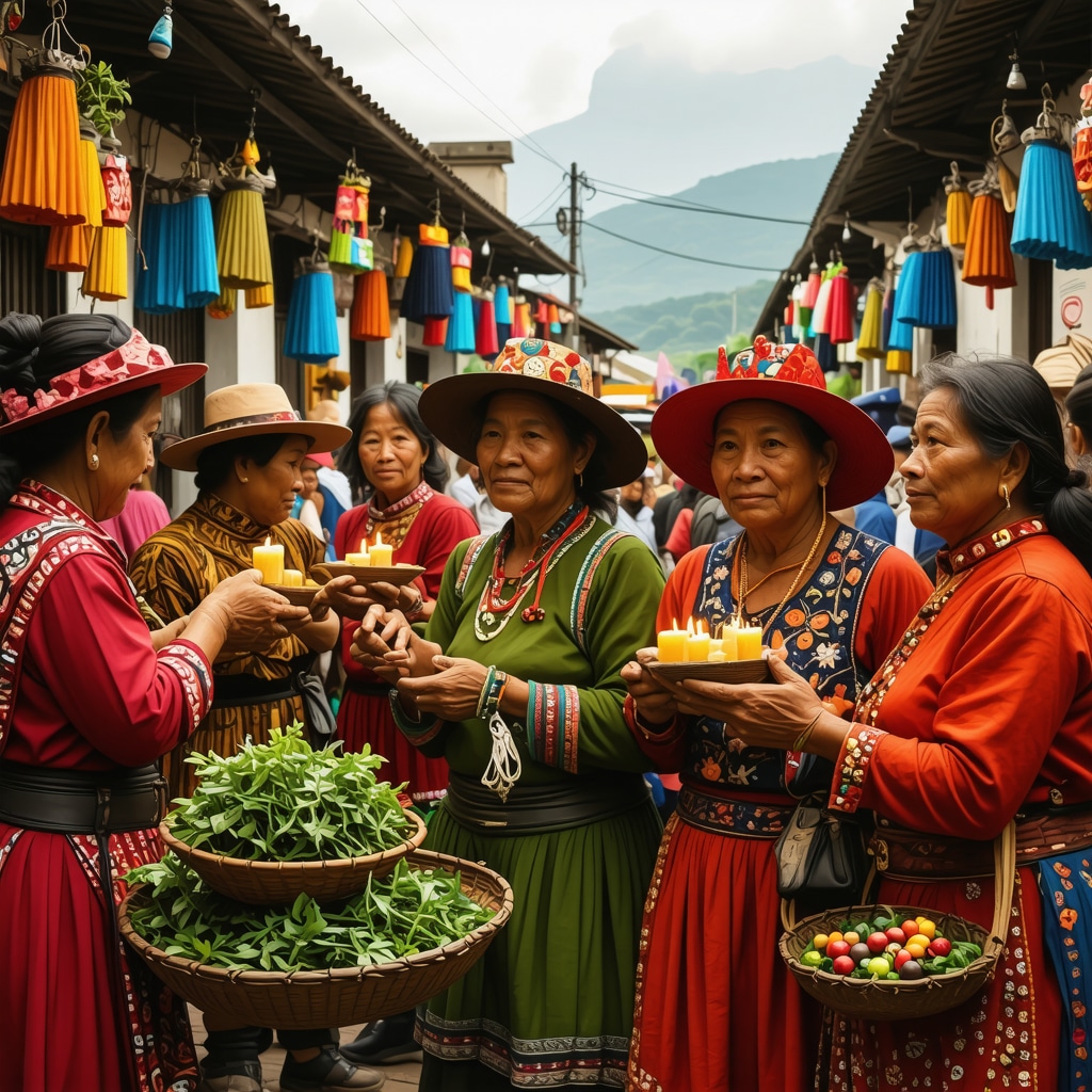 People participating in Ecuadorian rituals with amulets and herbs at a colorful street market