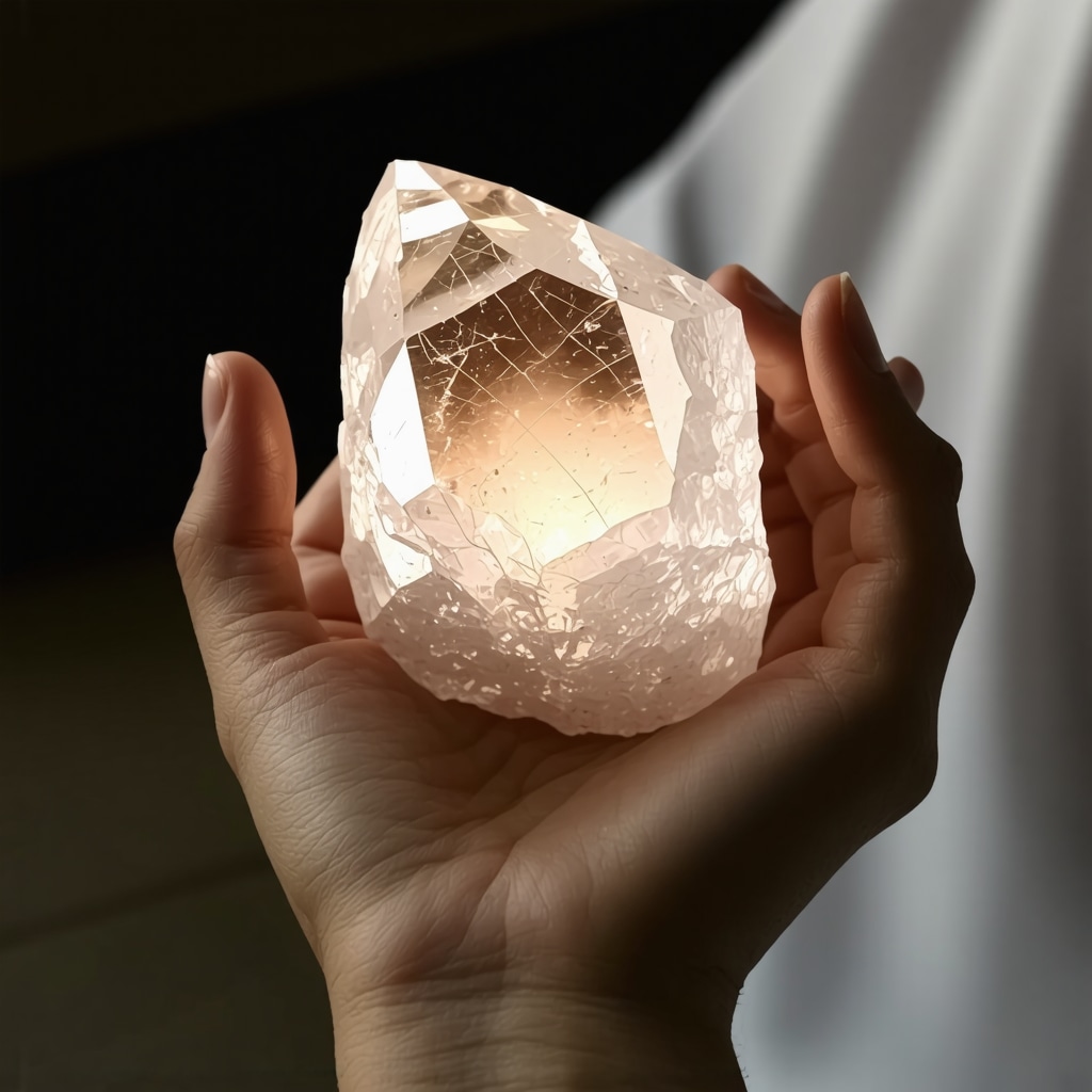 Mano sosteniendo un cuarzo brillante mostrando estructura cristalina y energía vibracional
