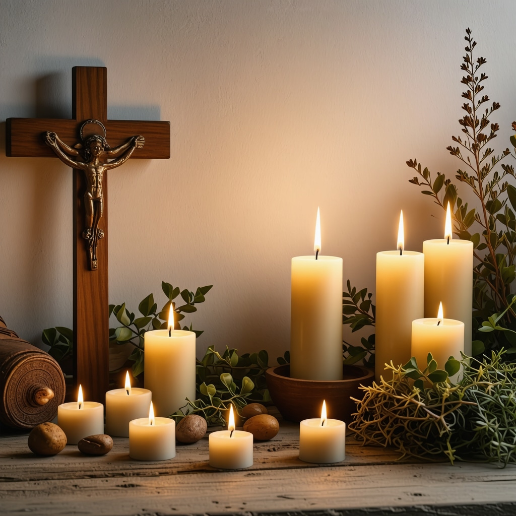 Medalla de San Benito y cruz en un espacio sagrado iluminado mostrando protección y prosperidad