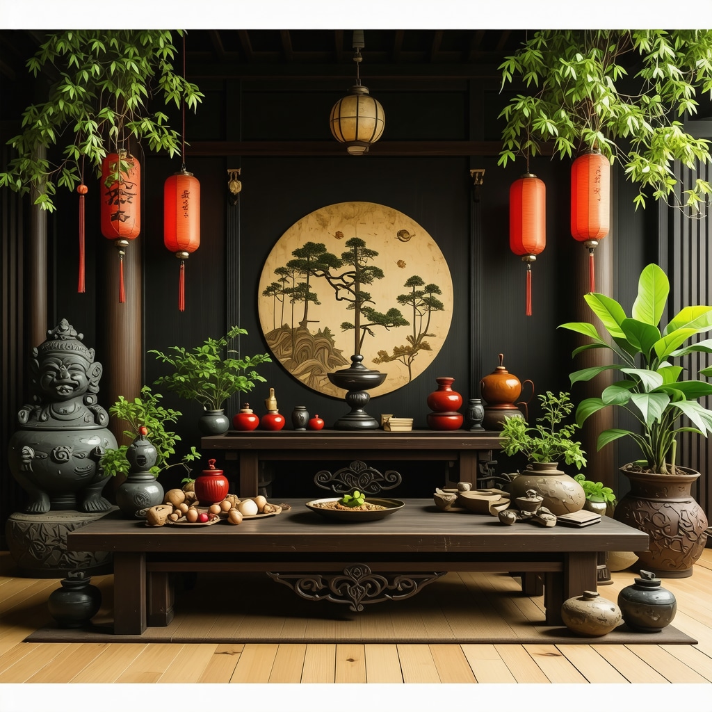 Imagen de un espacio sagrado japonés con altar y símbolos tradicionales