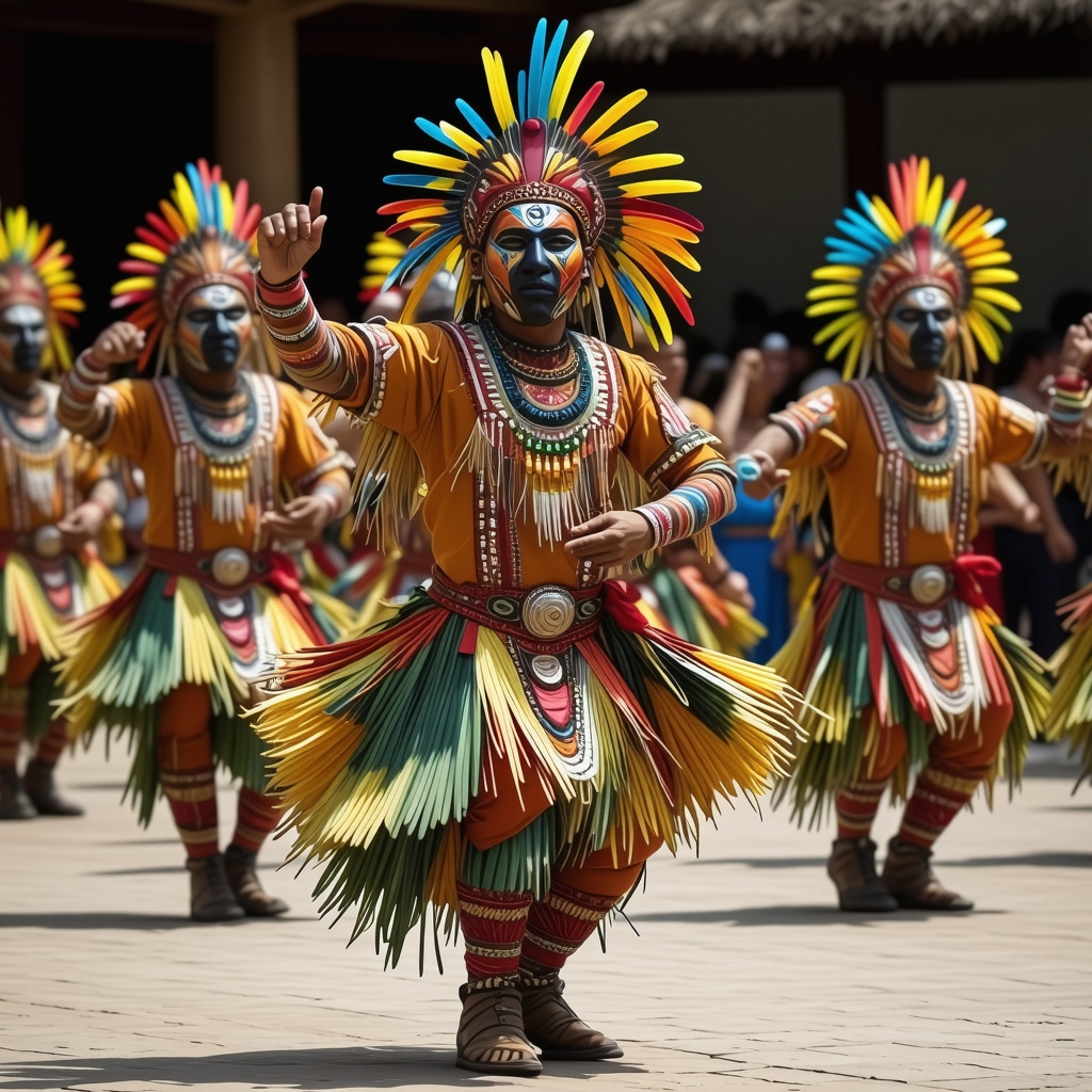 Festival cultural en Venezuela con danzas folklóricas y máscaras coloridas fusionando tradición y modernidad