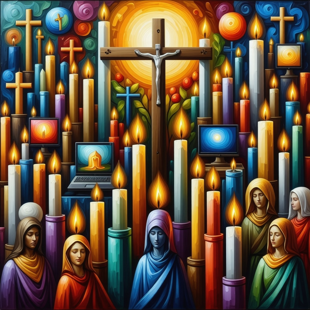 Collage digital colorido que combina símbolos tradicionales del folclore cristiano con elementos digitales modernos, representando la resiliencia y adaptación cultural.