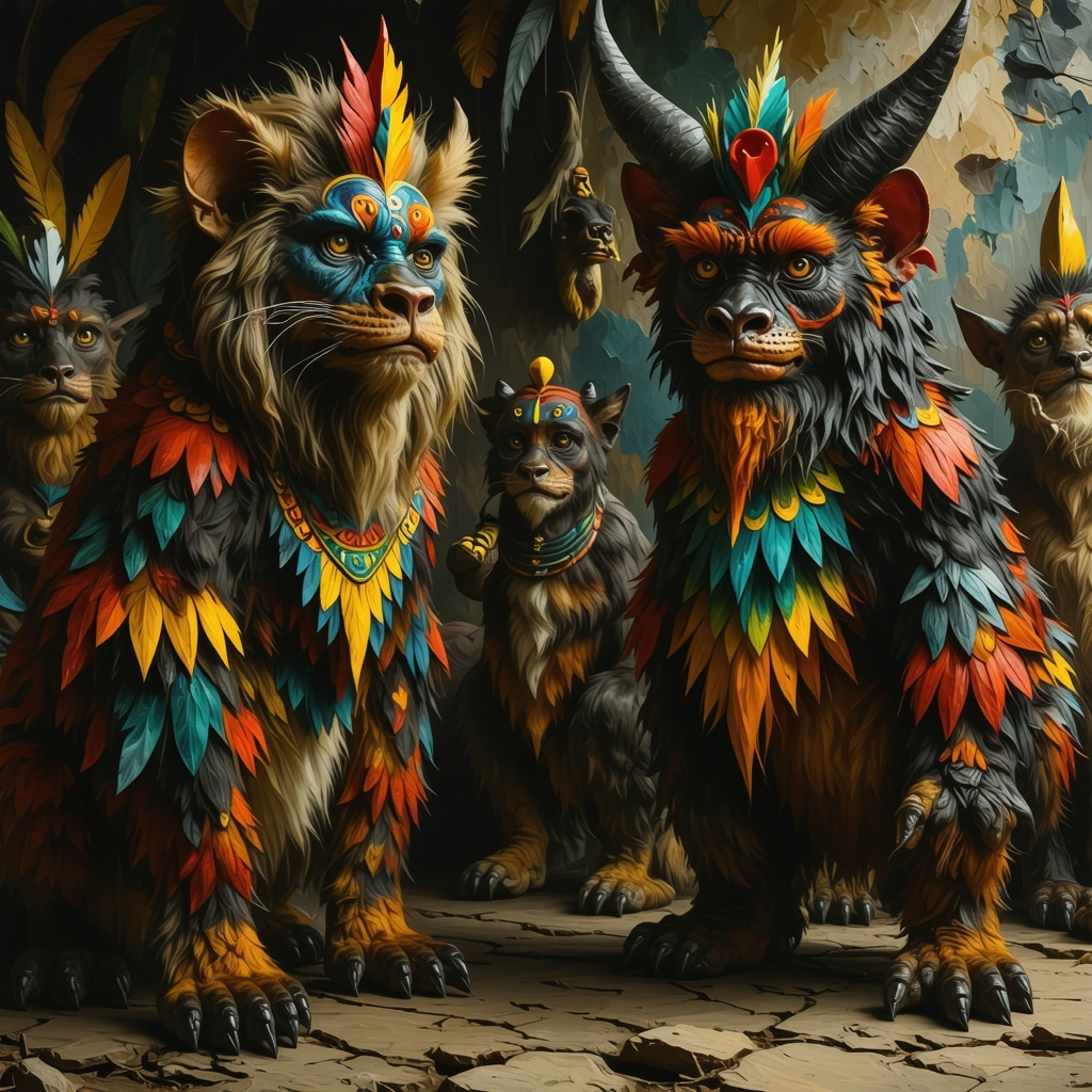 Escena colorida del folclore costarricense con criaturas y símbolos culturales