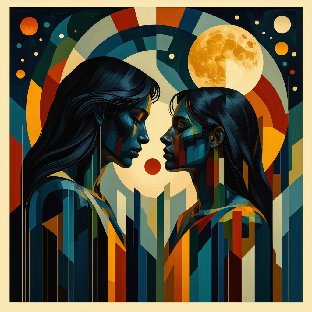 Ilustración de formas geométricas y símbolos culturales en rituales de amor