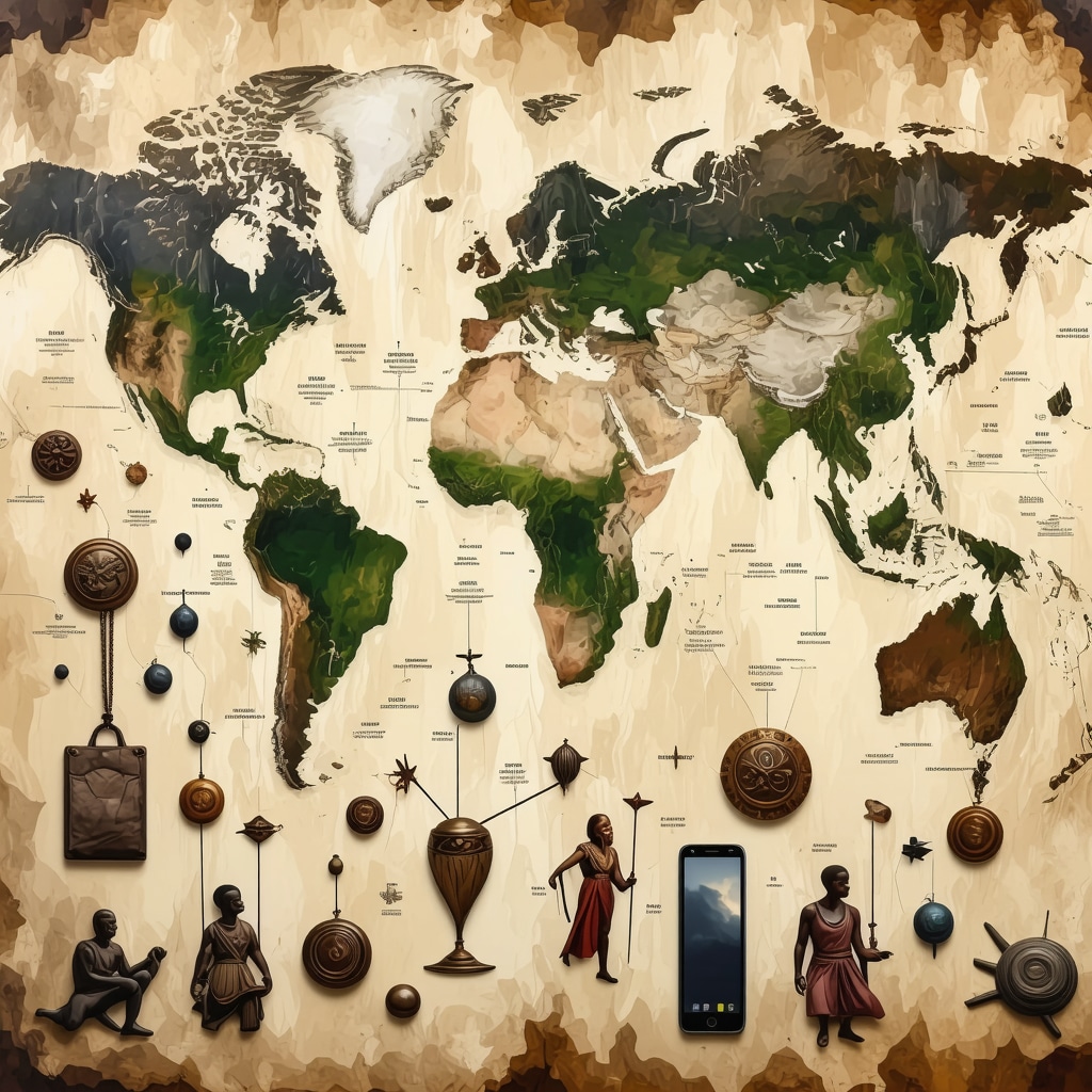 Collage que muestra amuletos tradicionales junto a interfaces digitales y un mapa mundial representando la integración cultural en los viajes