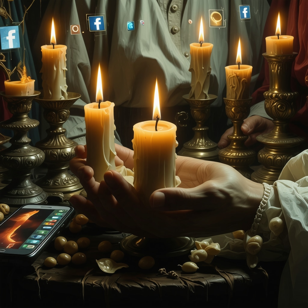 Ilustración que combina rituales cristianos tradicionales y símbolos tecnológicos modernos