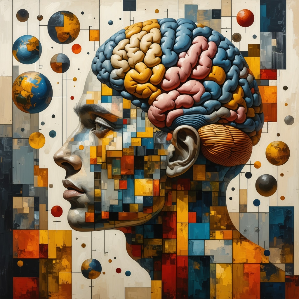 Fusion of Ancestral Symbols and Neuroscience in Personal Myth Transformation Collage showing ancient cultural symbols merging with modern brain imagery depicting the interplay between tradition and science in reshaping personal myths