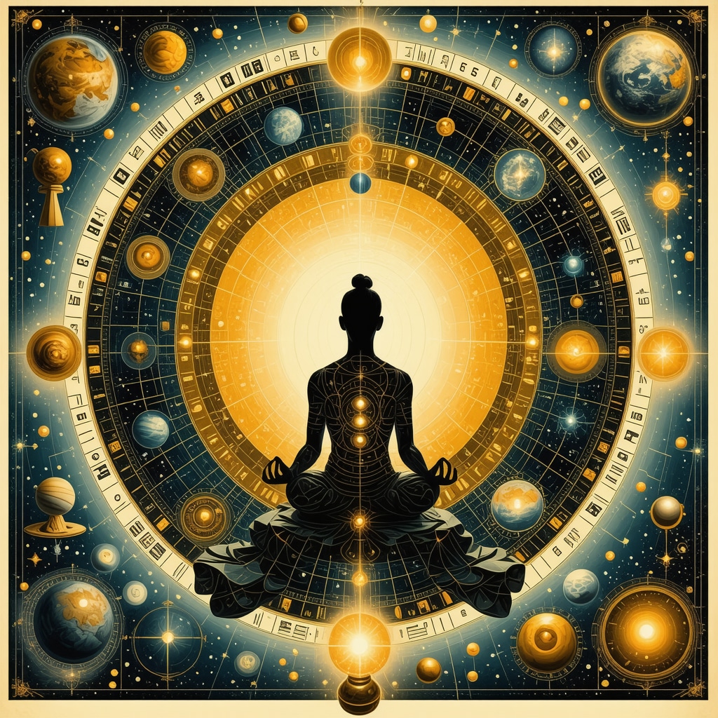 Person meditating surrounded by cultural symbols and signs from different traditions, representing the integration of ancestral knowledge and scientific understanding for better intuition.