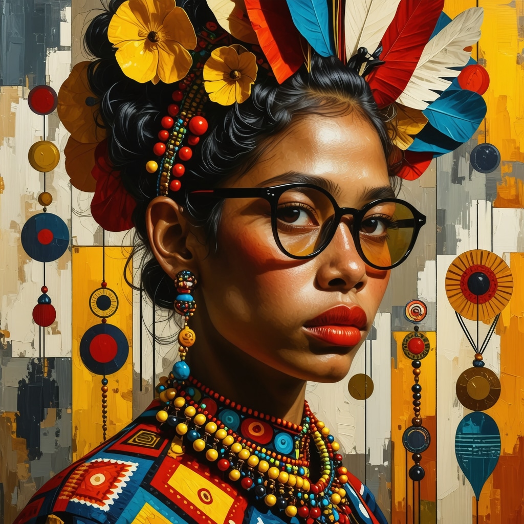 Digital collage illustrating the fusion of traditional Venezuelan folklore symbols with contemporary urban and technological elements