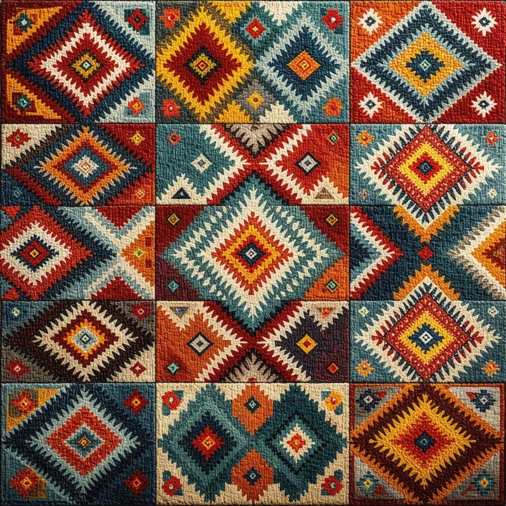 Close-up of traditional Peruvian textile with intricate geometric patterns