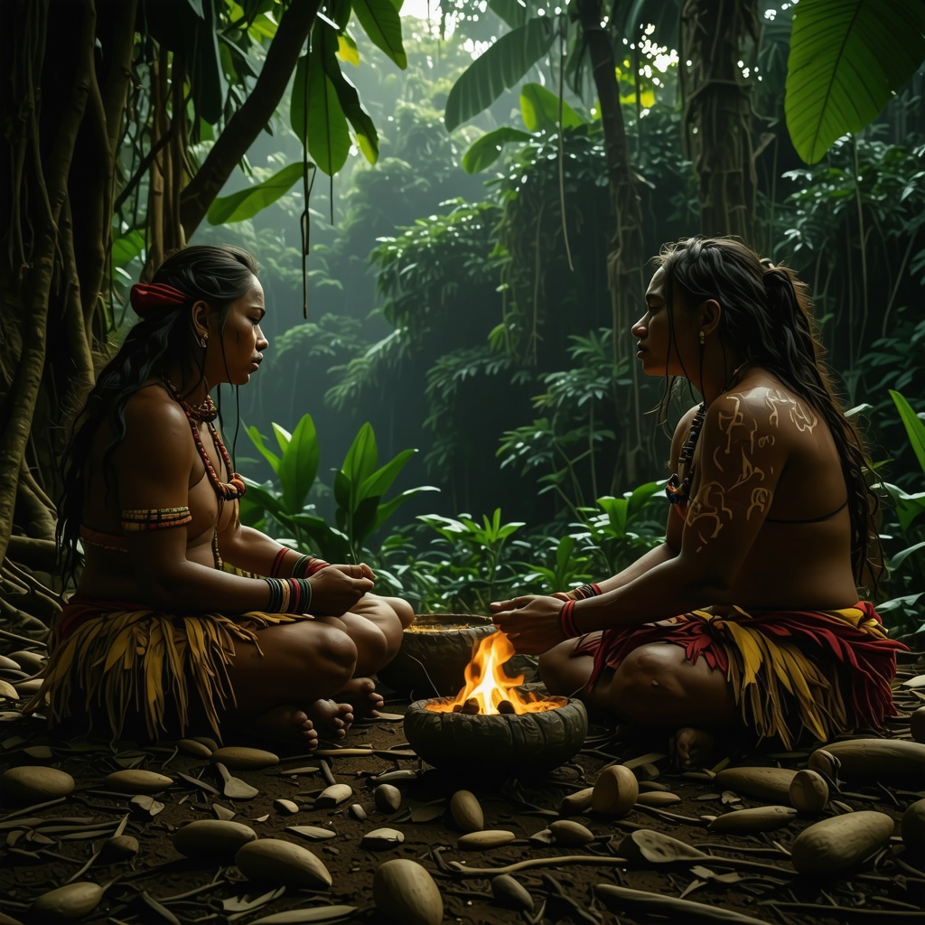 Indigenous community sharing legends about spirits protecting the rainforest