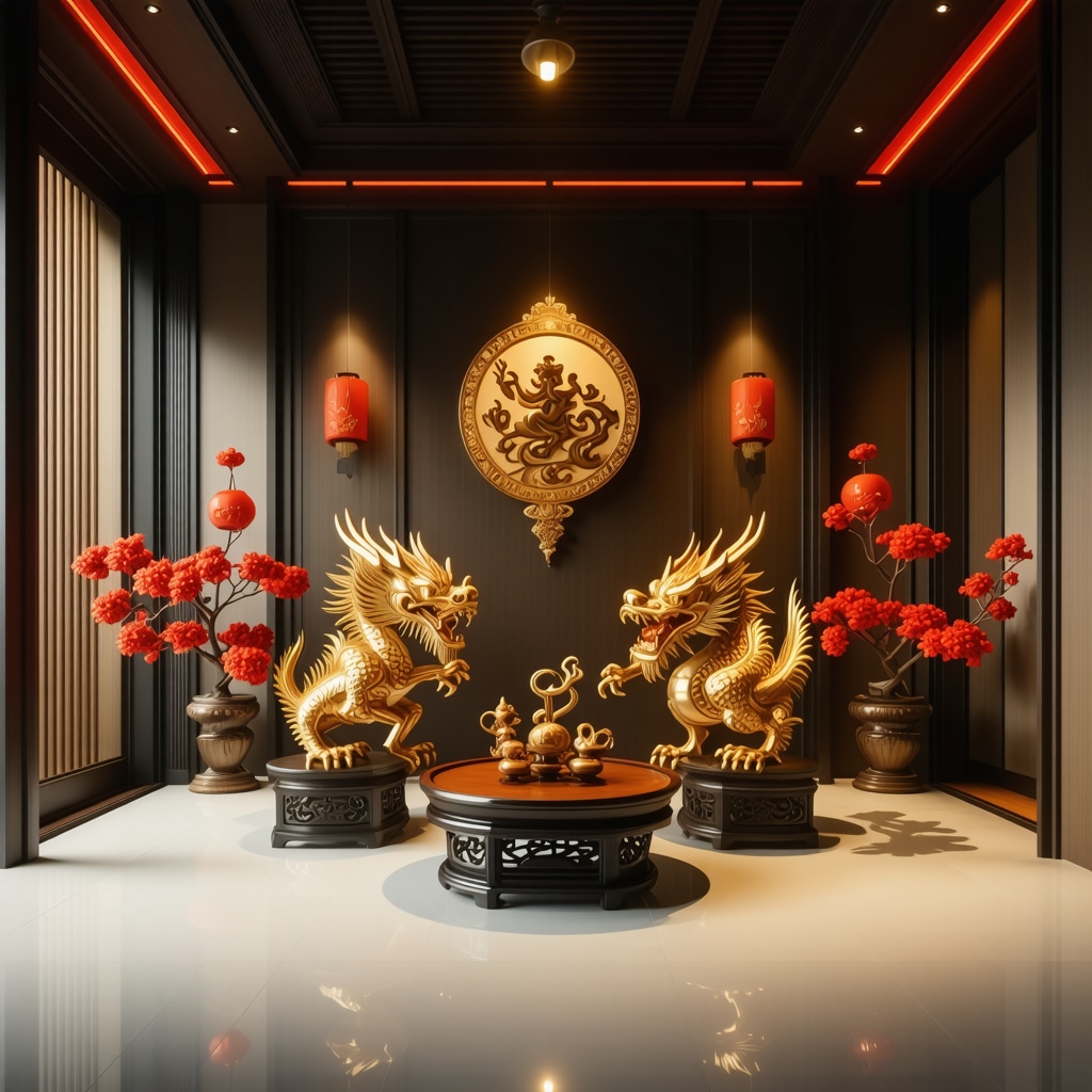 Interior decorated with Chinese lucky symbols such as golden dragon statue, red and gold accents, and feng shui arrangements blending with Filipino superstition artifacts