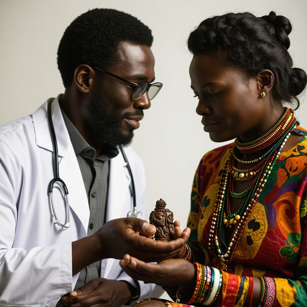Healthcare professional consulting patient with traditional health amulets