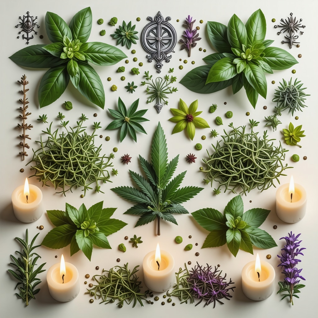 Herbs and candles arranged for a spiritual ritual to attract prosperity