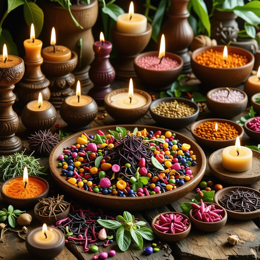 Herbs and ritual objects used in love ceremonies, vibrant and mystical scene.