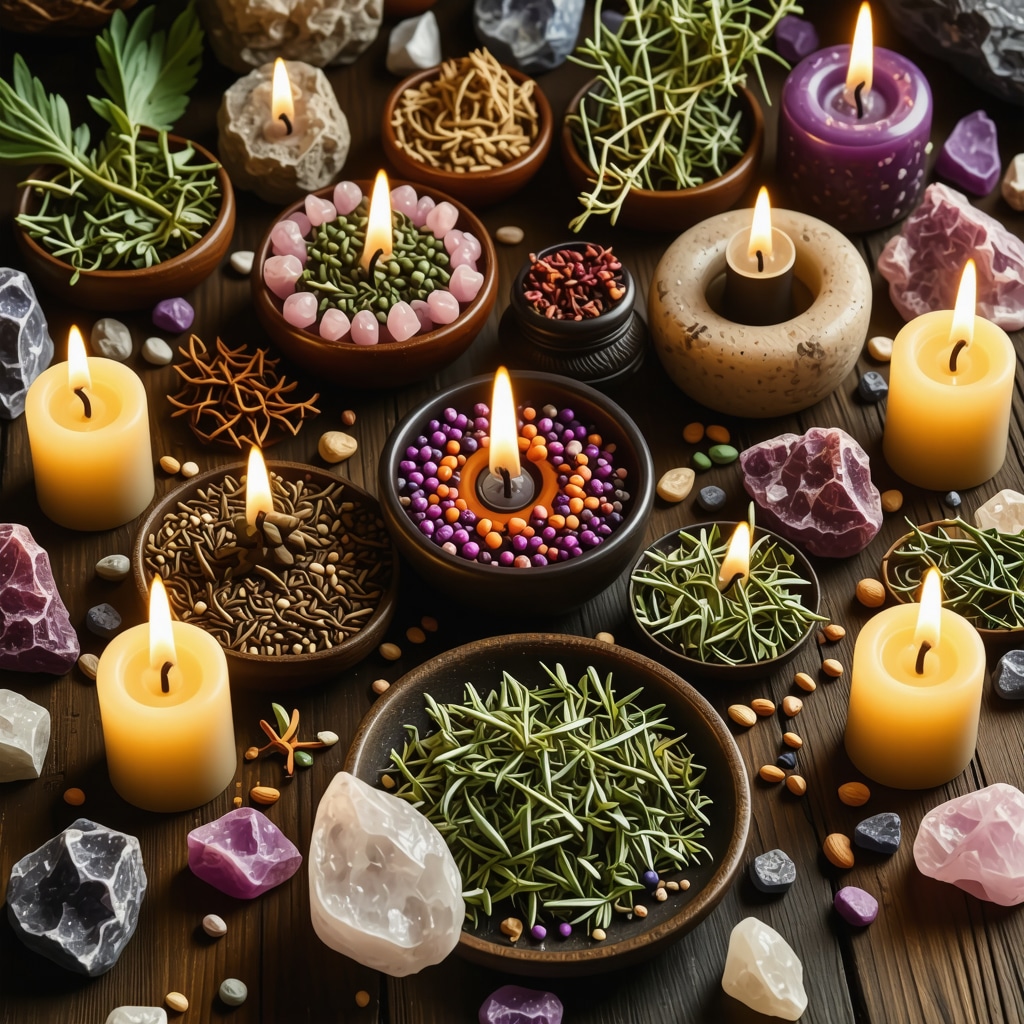 Herbs arranged for spiritual prosperity rituals with candles and crystals.