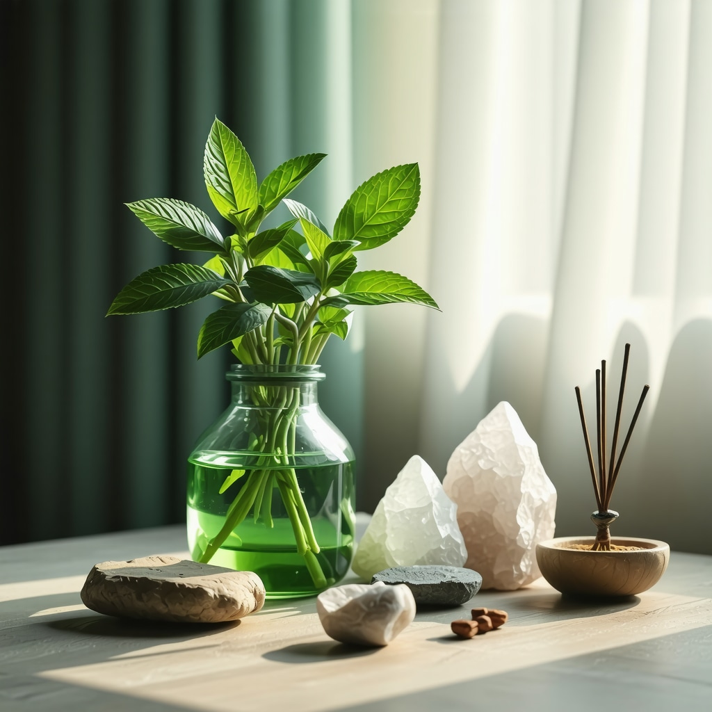 Ramillete de hierbabuena fresca en un jarrón de vidrio junto a cristales e incienso, iluminado suavemente para transmitir calma y armonía