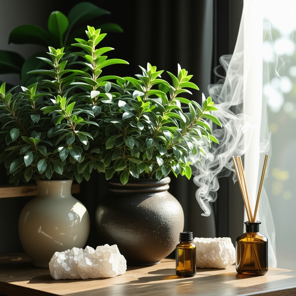 Healthy hierbabuena plant in ceramic pot with crystals and diffuser in home corner symbolizing prosperity rituals