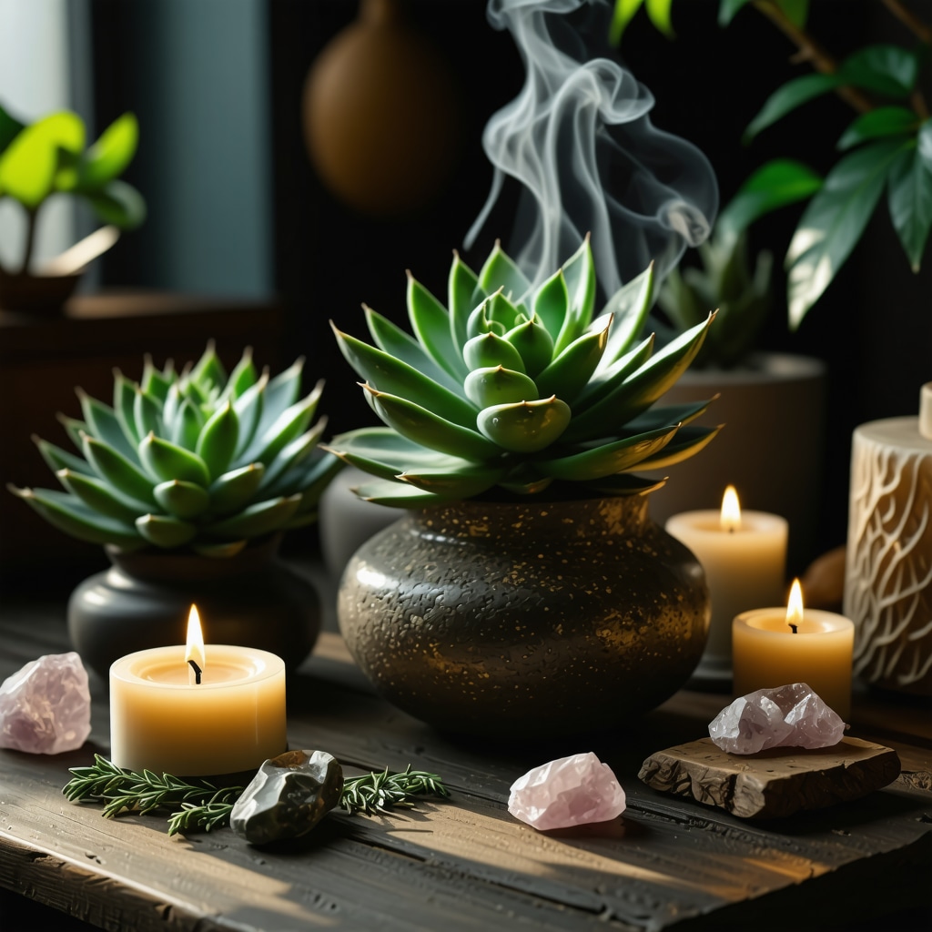 Home altar with green plants, crystals, candles, and incense smoke symbolizing prosperity and energy rituals