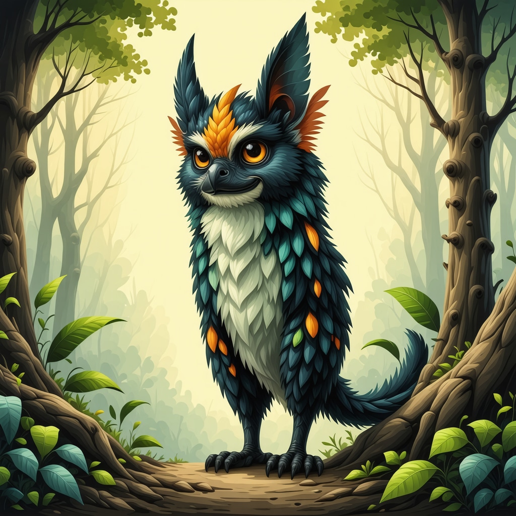 Colorful depiction of a mythical creature from Paraguayan legend in a lush forest setting