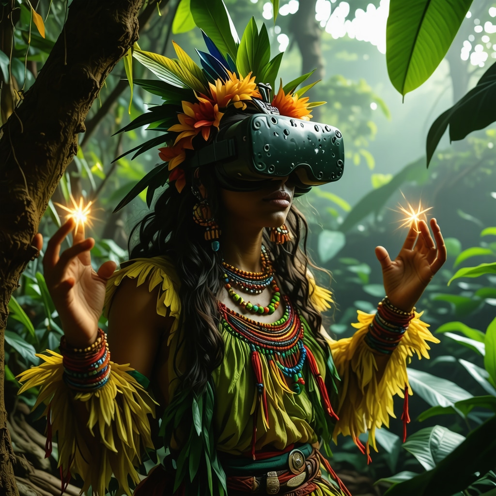 Virtual reality scene showing La Ciguapa and cultural symbols in a Caribbean forest, representing Dominican folklore in digital innovation