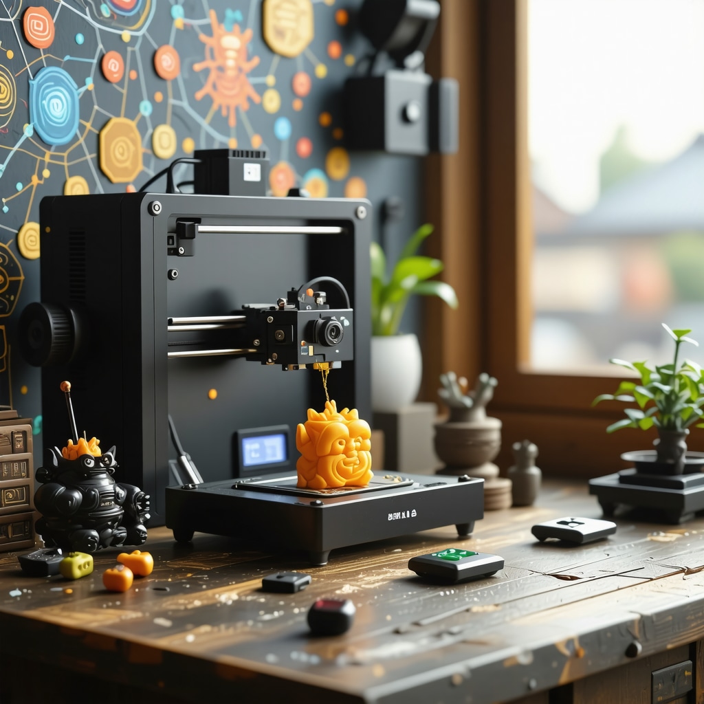 Impresora 3D creando un amuleto personalizado con gráficos de redes neuronales y símbolos culturales