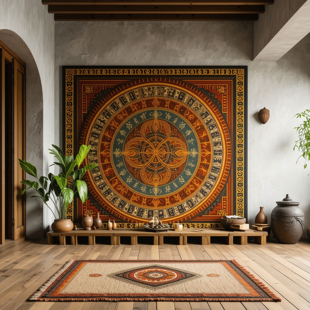 Integración moderna de la Chakana en el hogar Símbolo de la Chakana integrado en la decoración moderna del hogar con luz natural y elementos tradicionales andinos