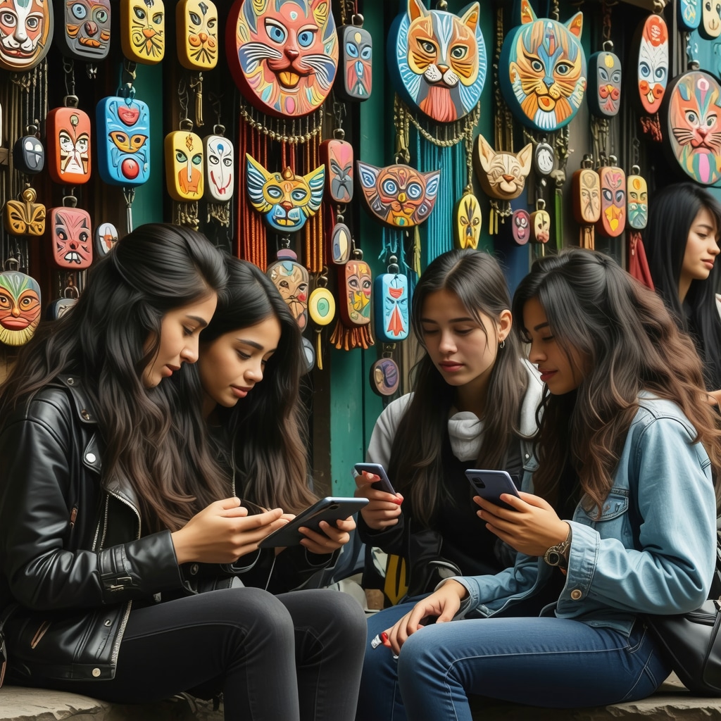Jóvenes chilenos usando dispositivos digitales con símbolos supersticiosos tradicionales presentes