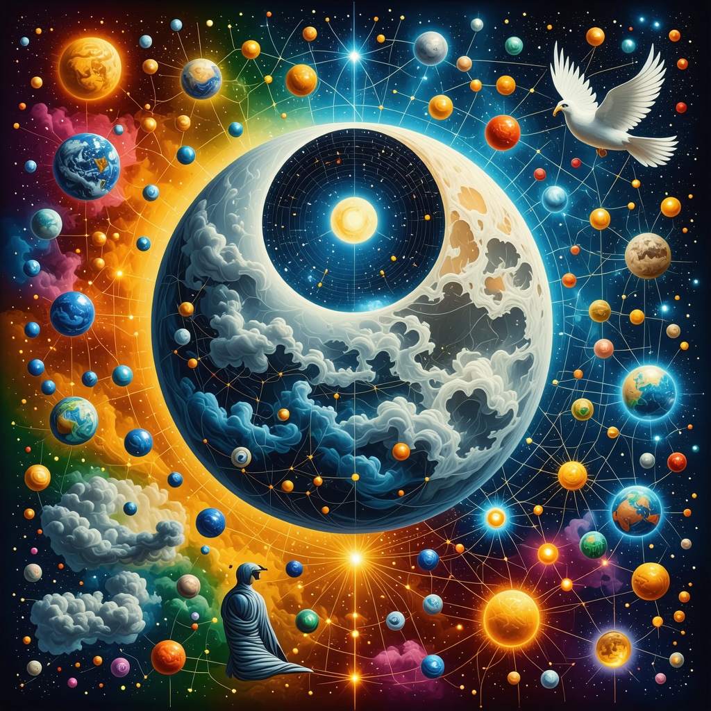 Collage of universal symbols intertwined with neural network graphics and digital communication icons