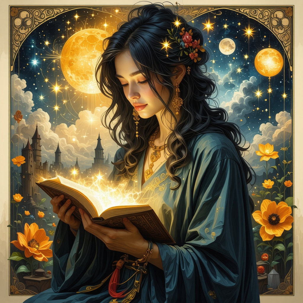 Dreamer analyzing symbols in a journal with mystical dream symbols and vibrant colors.