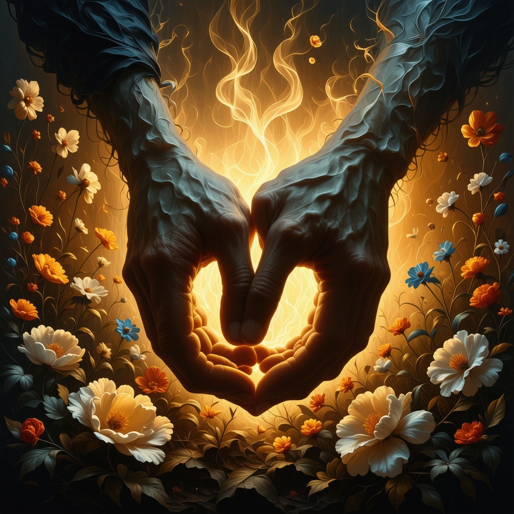 Intertwined hands surrounded by Latin American symbols of love and fidelity emitting a warm glow