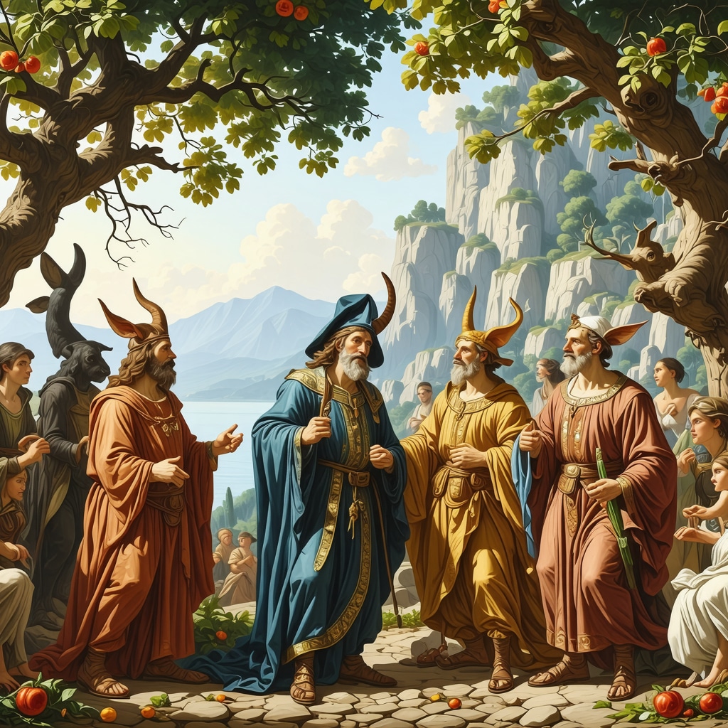 Legends of Italian Mythology Illustration of Italian mythological creatures and heroes in a traditional folklore style