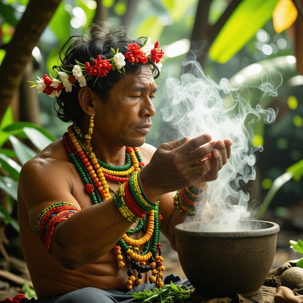 Líder espiritual nicaragüense en ritual ancestral con hierbas y humo en entorno natural