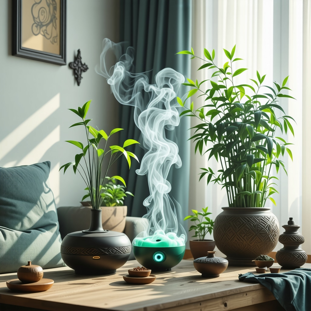 Living room with traditional symbolic amulets and modern energy purification devices creating a balanced and harmonious atmosphere