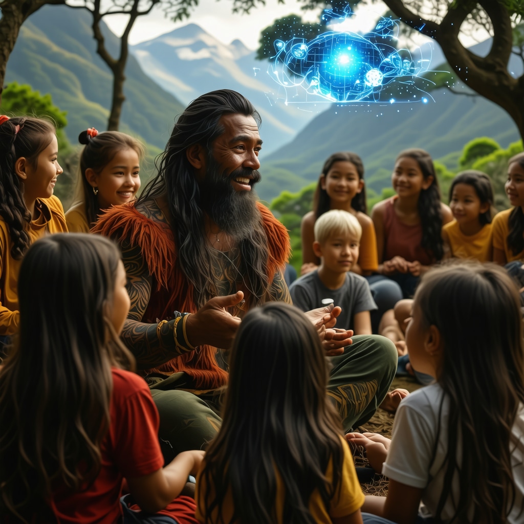 Traditional Maori storyteller narrating a humorous myth with digital holographic elements and an attentive audience in New Zealand's natural setting