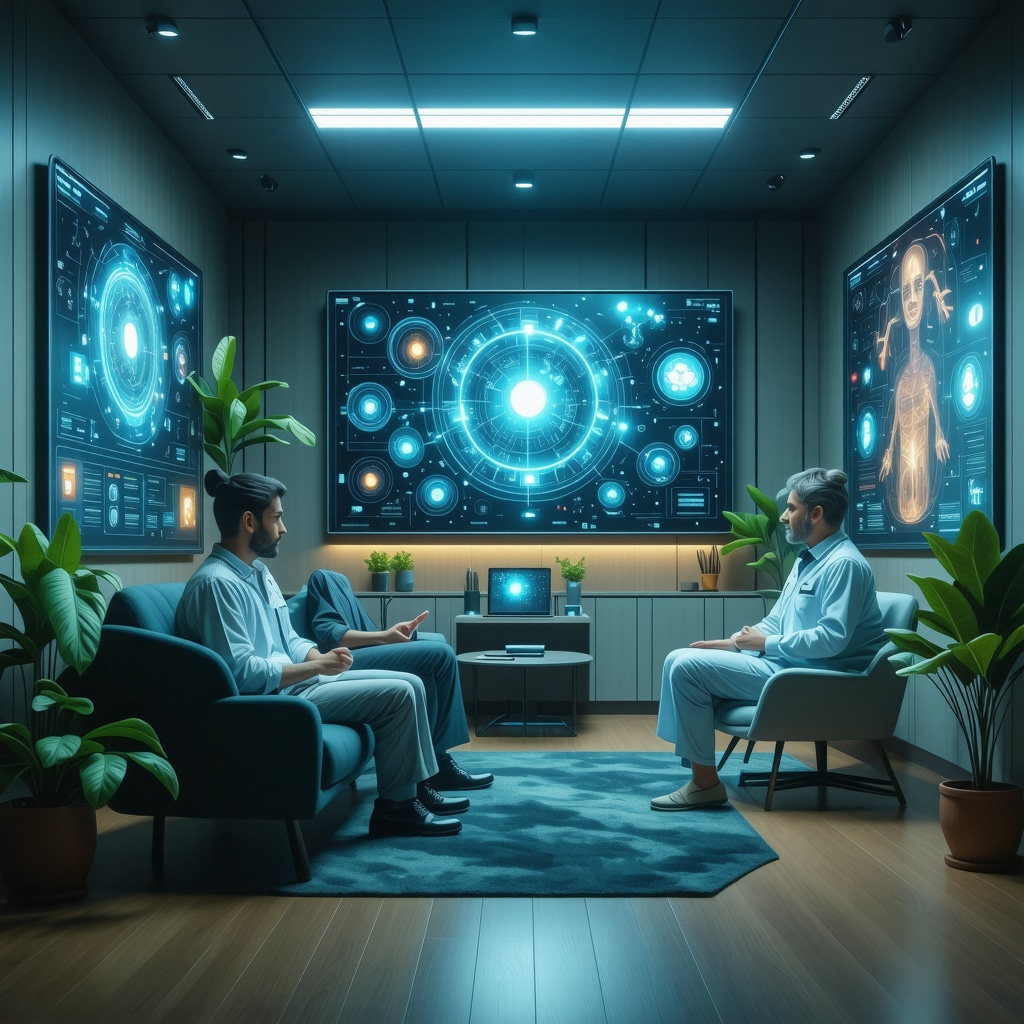 Futuristic medical room blending ancestral health symbols with AI technology and diverse patient care