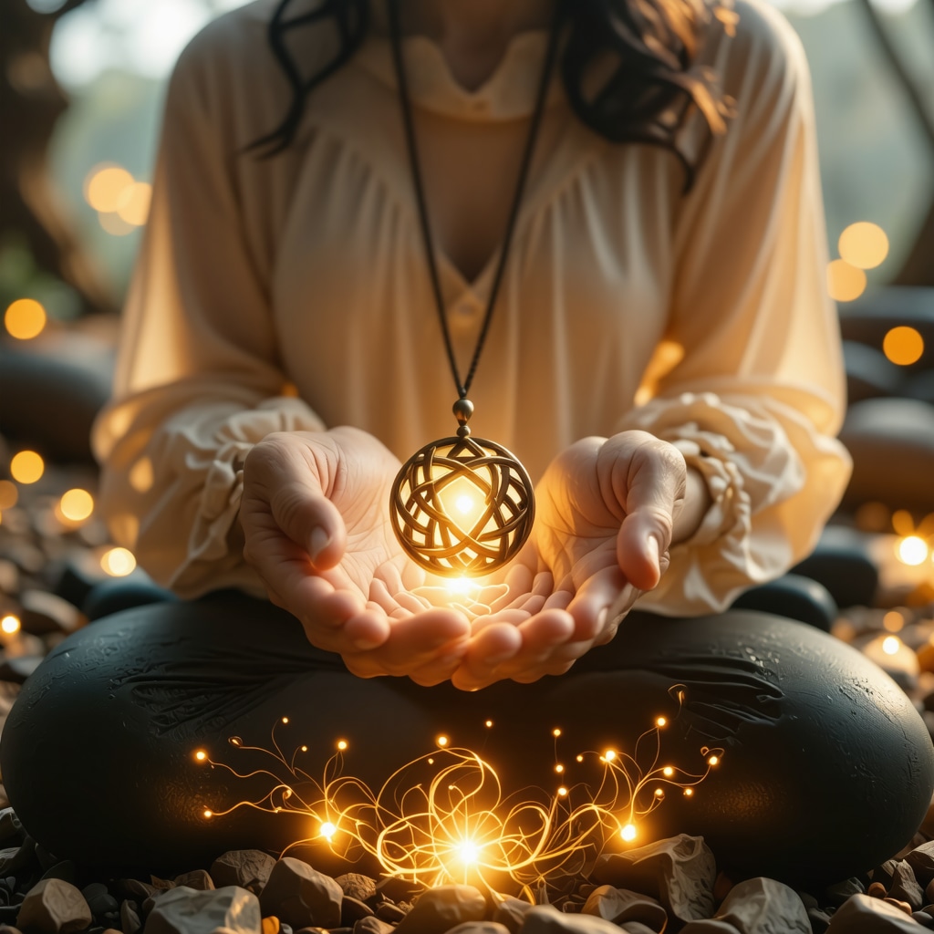 Persona meditando sosteniendo un colgante del nudo celta brillante, con símbolos ancestrales y ondas energéticas suaves alrededor