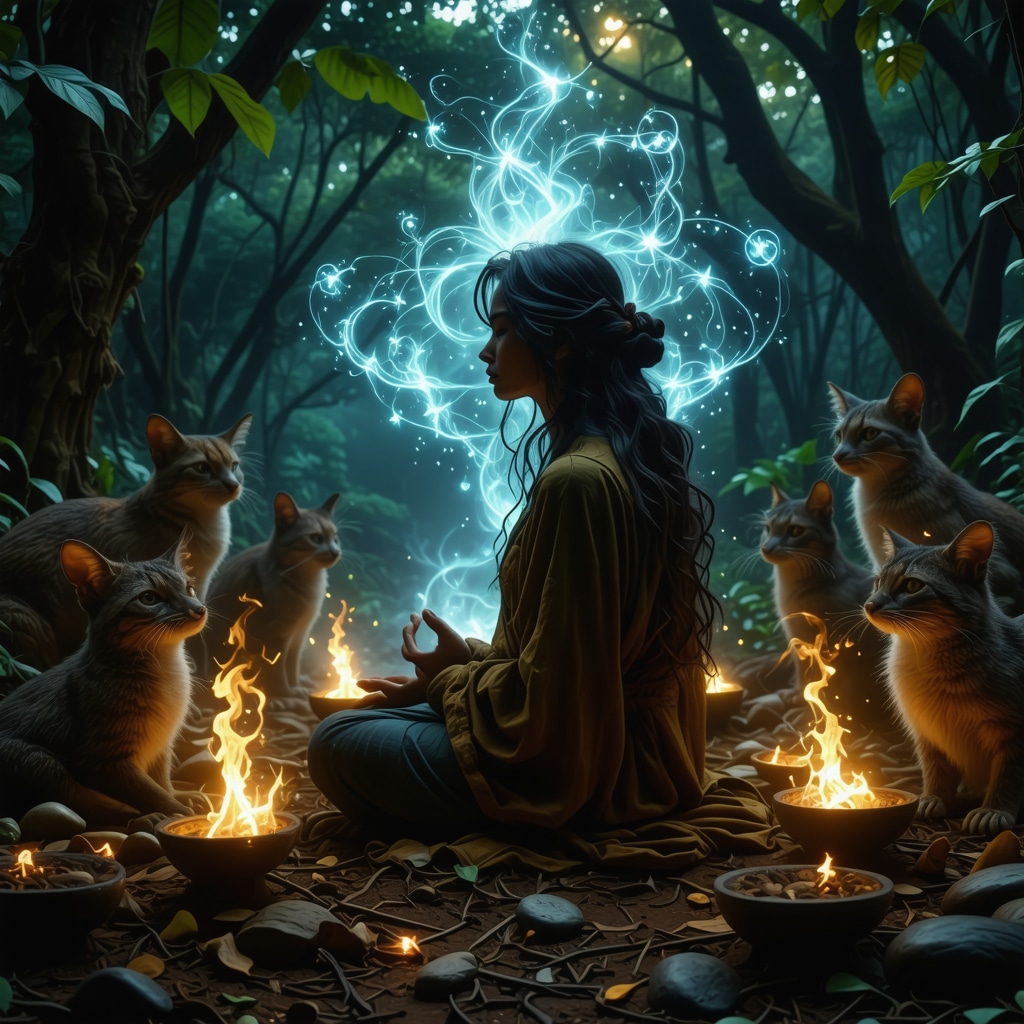 Persona meditando en un bosque ecuatoriano conectando con guías espirituales visibles como figuras etéreas y símbolos ancestrales