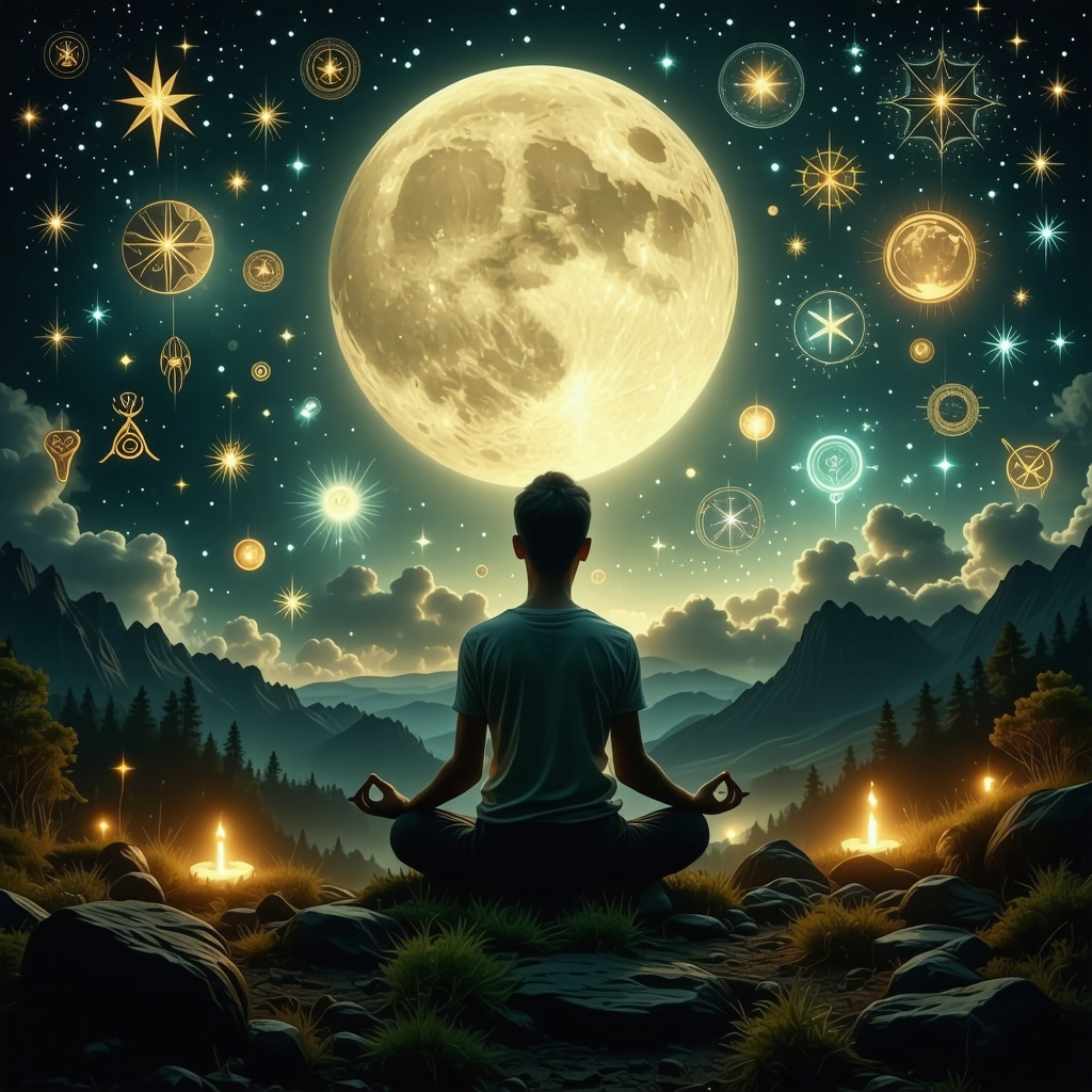 Persona meditando bajo la luna rodeada de símbolos y signos naturales