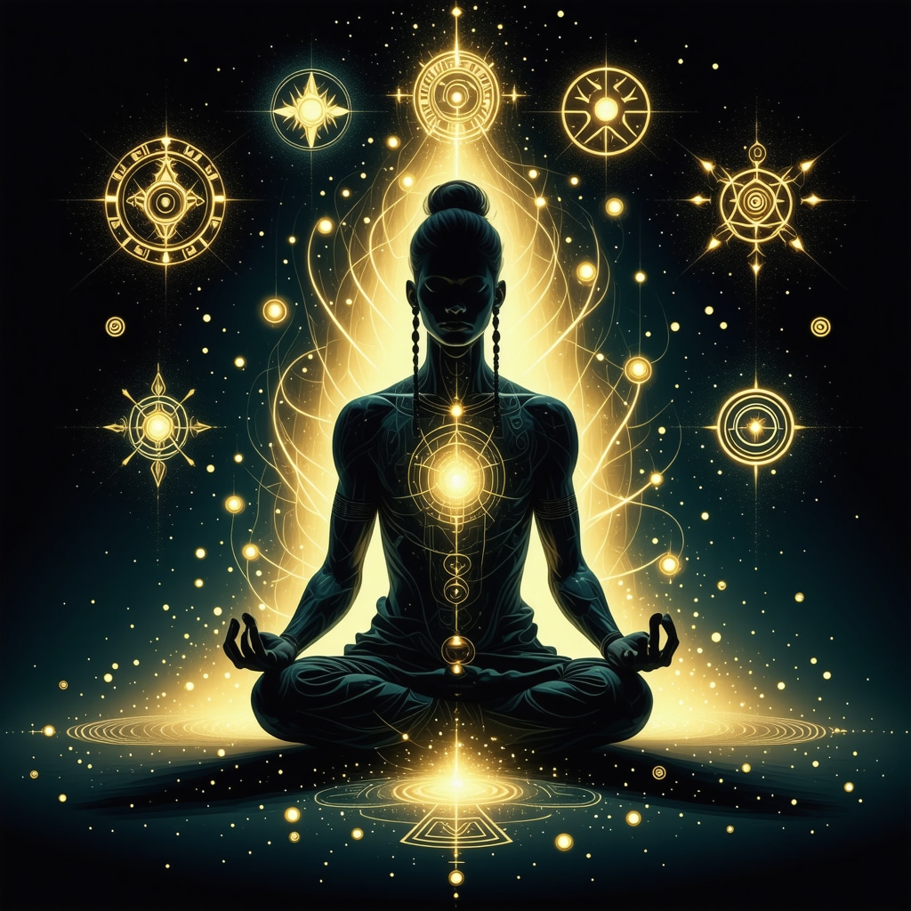 Person meditating with Aztec symbols radiating around them