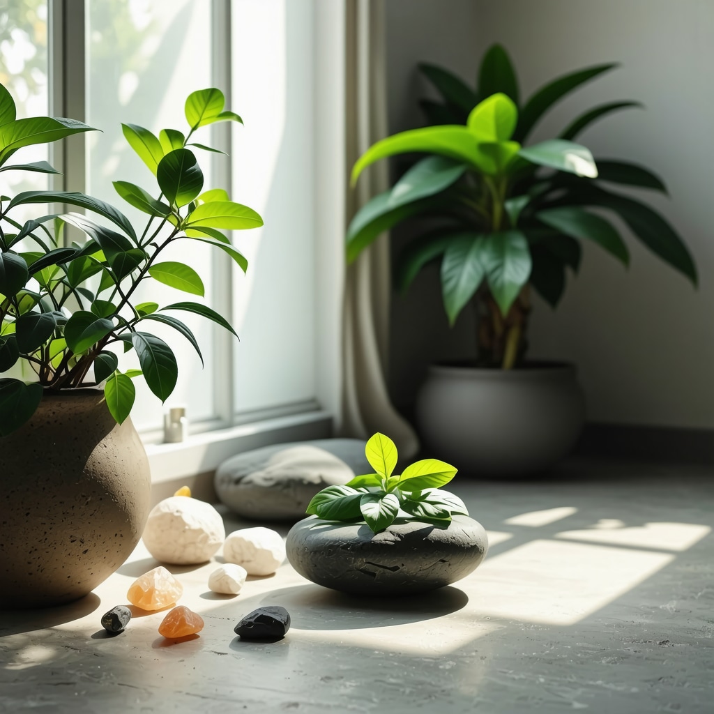 Meditation space with hierbabuena and crystals for energy cleansing Modern meditation setup featuring fresh hierbabuena plants and crystals in soft natural light