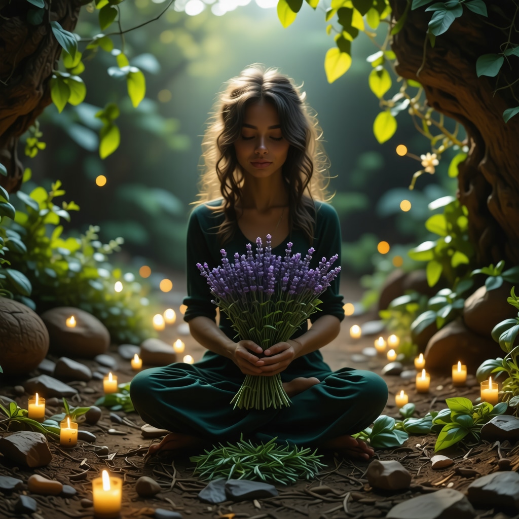 Meditation with Aromatic Herbs and Neural Patterns Symbolizing Emotional Connection Person meditating with aromatic herbs surrounded by glowing light and neural network visuals