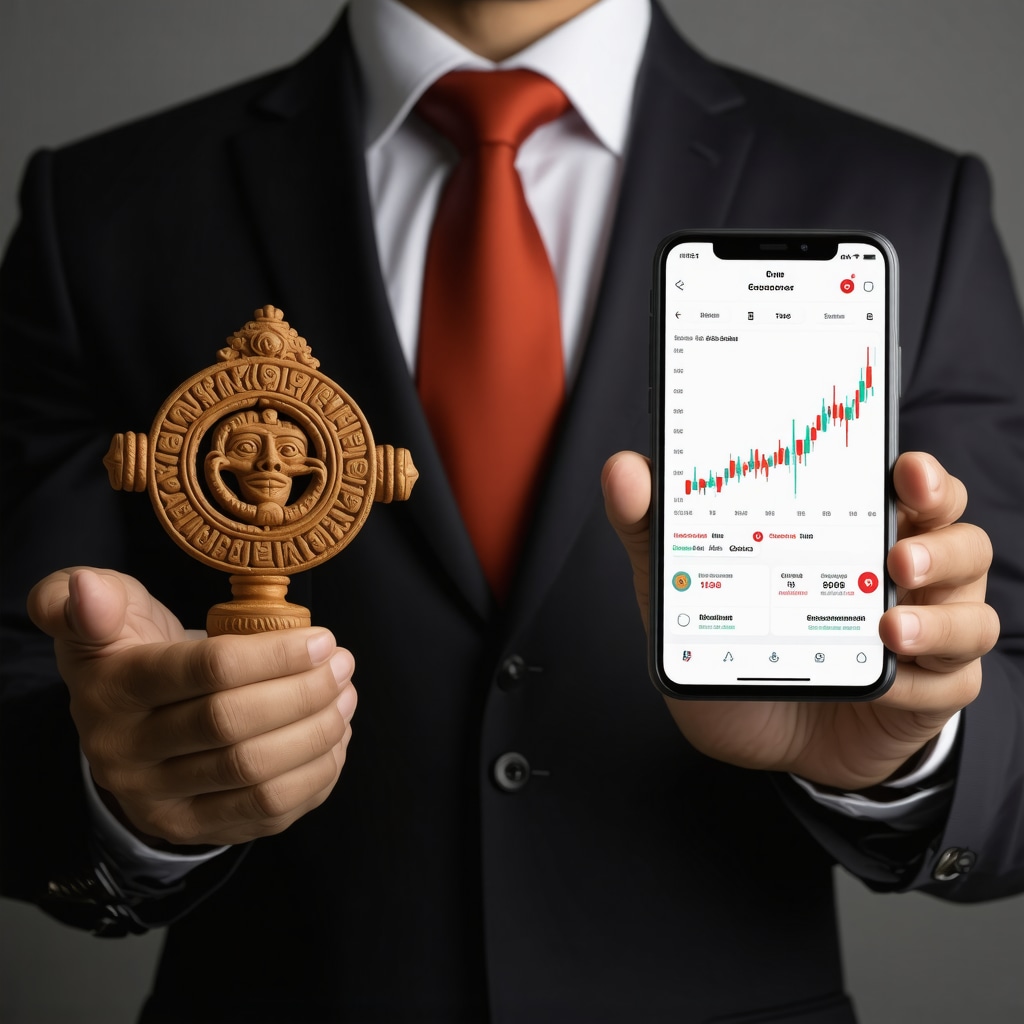 Ecuadorian businessman holding a tumi amulet and smartphone with financial charts