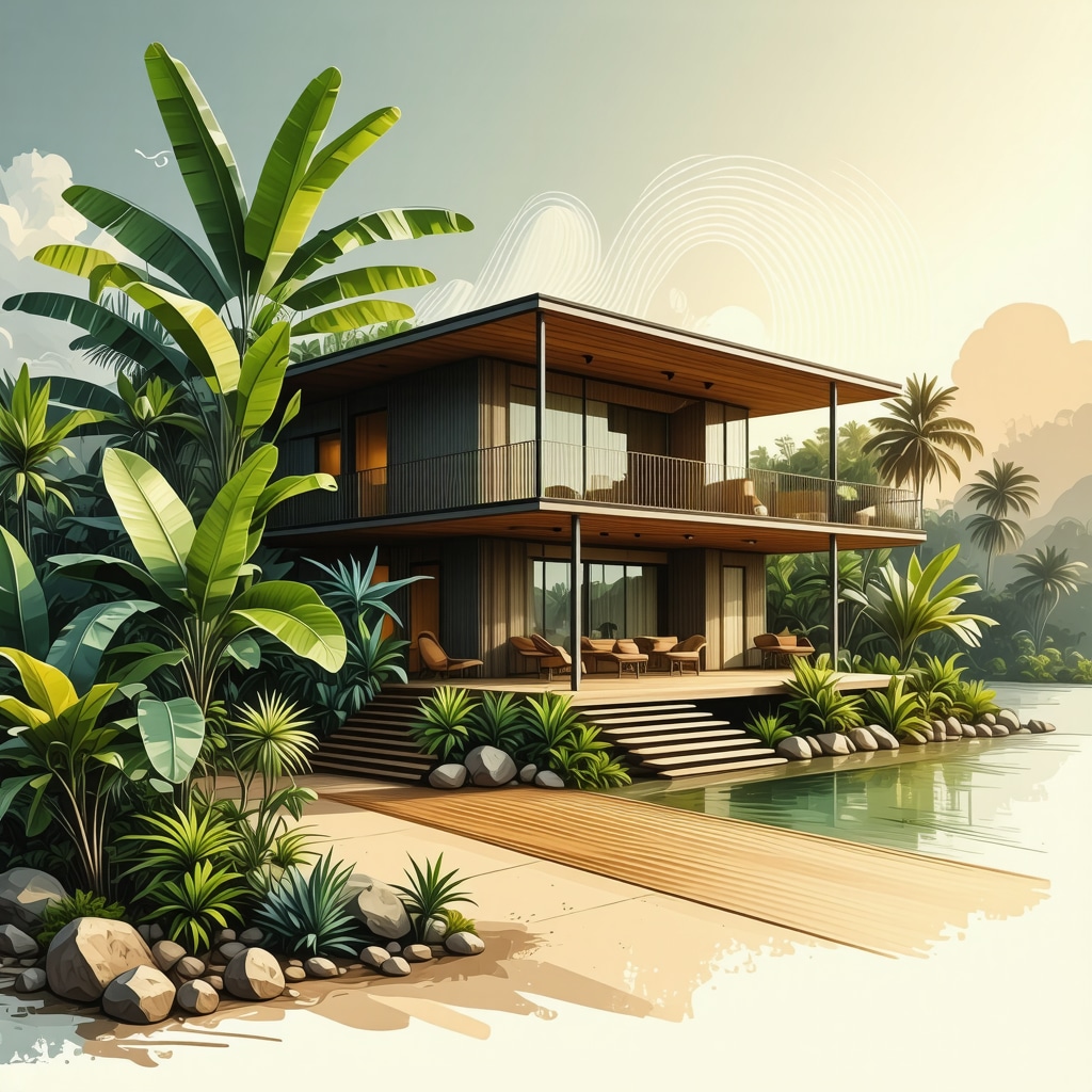 Modern Honduran Home with Ancestral Protective Elements Modern Honduran house featuring traditional protective plants and symbolic energy waves around it