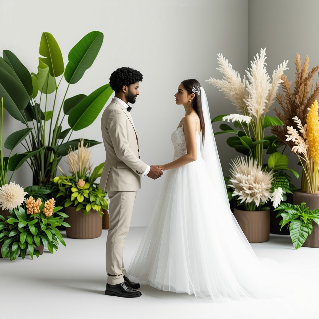 Diverse couple participating in a wedding ritual combining traditional and modern augmented reality elements with eco-friendly decor