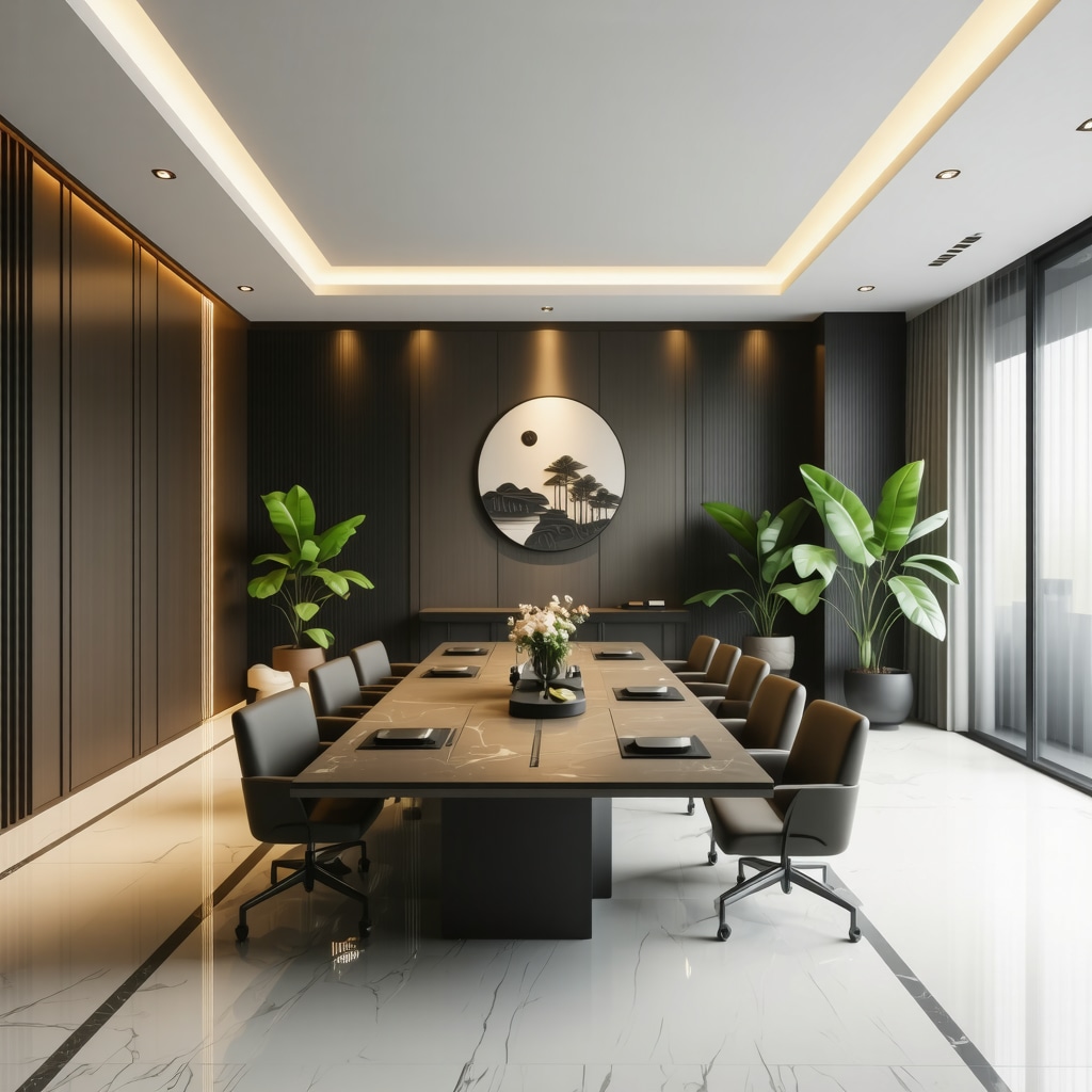 Office space blending traditional Chinese feng shui symbols with modern design for wellbeing and productivity