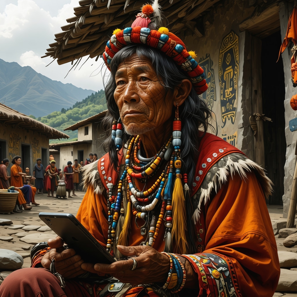 Modern Peruvian Storyteller Integrating Tradition and Technology Digital storytelling of traditional Peruvian horror legends blending ancient symbols and modern technology in an Andean village