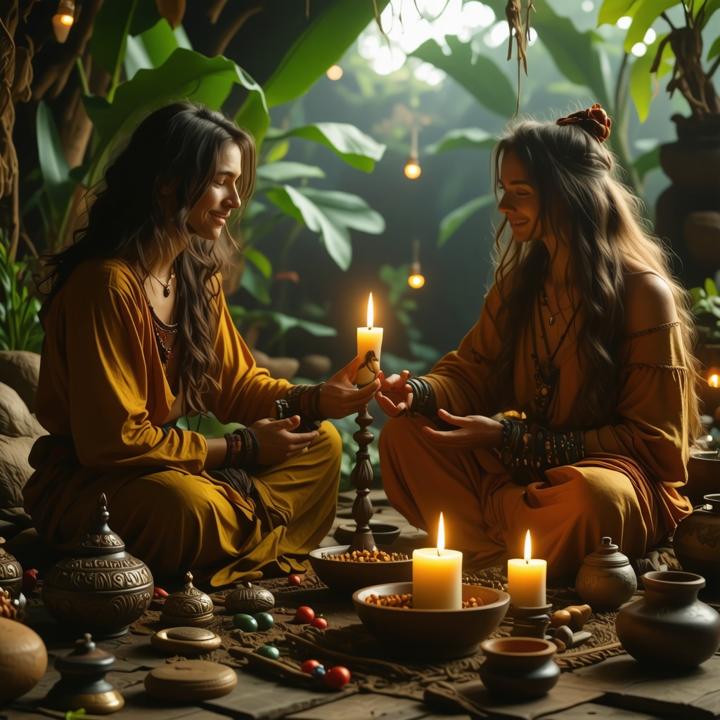 Couple practicing mindful ritual with ancestral symbols in intimate setting